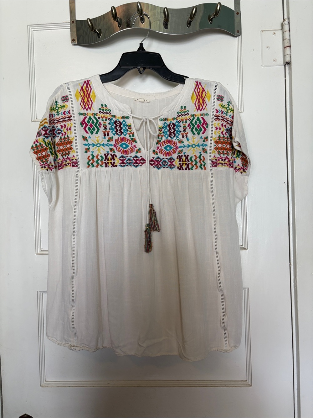 Jodiful Boho Embroidered Peasant Top - White with Multicolor Embroidery Size L